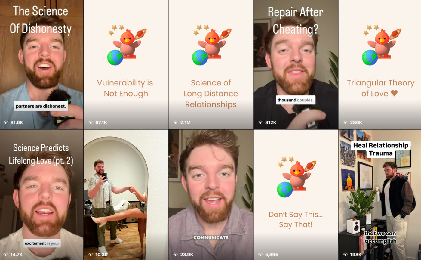 A grid of reels with the same person on camera in most of them, with view counts from 5.9K to 2.1M
