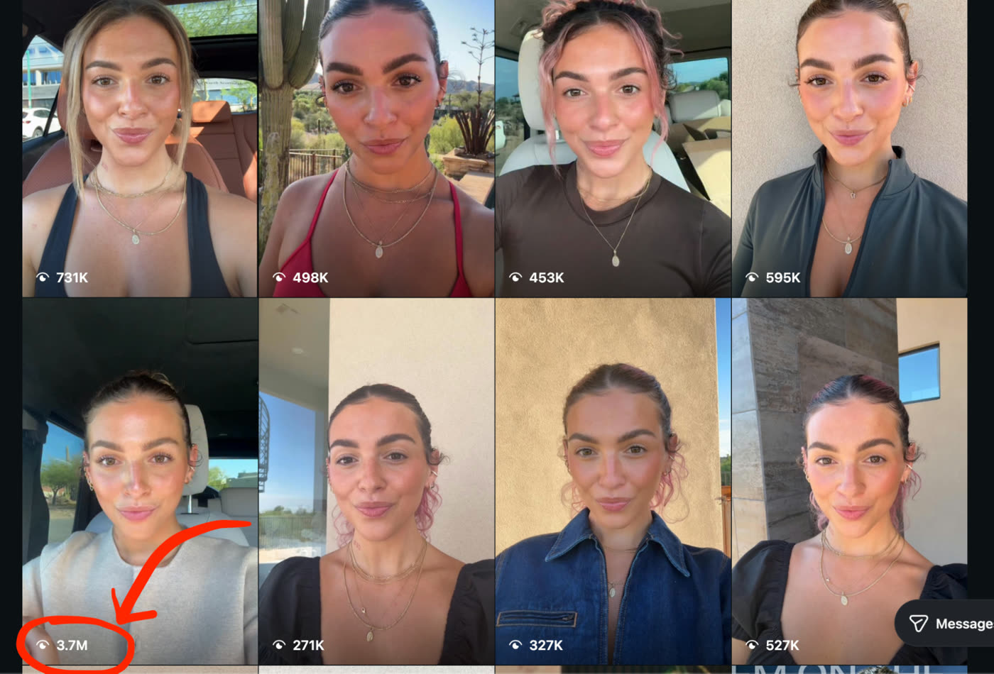 A creator's reels grid with one video at 3.7M views circled in red, next to videos in the 270K to 730K range
